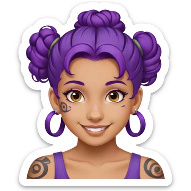 Con gái, 15 tuổi, cười mỉm, da nâu, tóc tím tết tóc cuốn lọn trên đầu, xăm trên mặt sticker