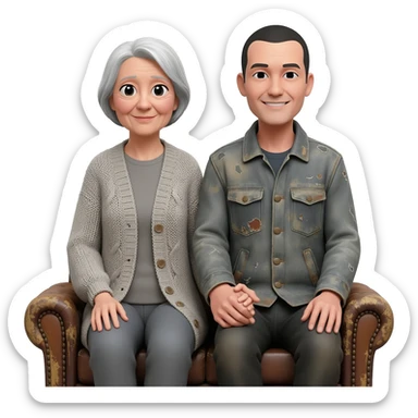 two elderly retired people sitting on a sofa or chair, one is female one rather androgynous sticker