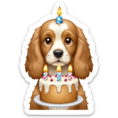 Cocker spaniel holding a birthday cake sticker