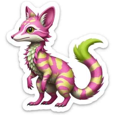 Feral Rare Fantasy   vivid tropical mango-lime-pink splash-patterned silky fur Vernid-Sergal-Genet-Trico-species by LiLaiRa, random markings, tufted tail, tufted ears, full body sticker