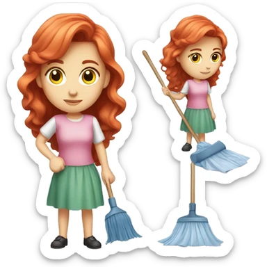 "A beautiful girl with red hair and fair skin, wearing a pink dress, cleaning another dress with a cloth. She is focused on the task and looks determined."






 sticker