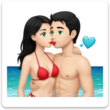 Blonde Queen Green eyes Bikini whole body Kissing man black Hair blue eyes Hearts in Body Background sea sticker