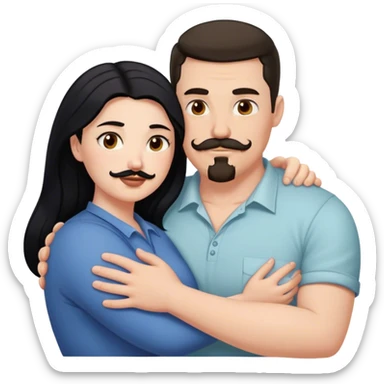 Tall strong white man with dark brown mustache goatee hugging a chubby short pale woman with long black hair sticker