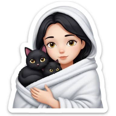 Beautiful girl with fair skin - just after taking a bath - wrapped in a blanket and hugging a black cat sticker