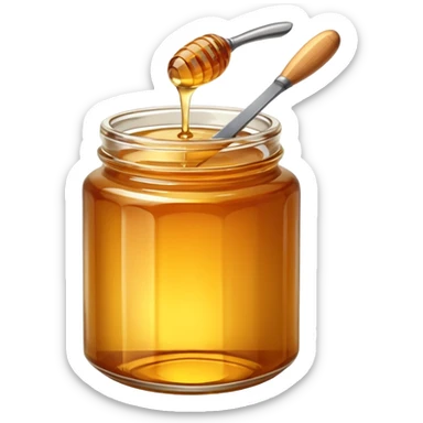glass jar of honey with a metal knife resting on top sticker
