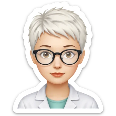 White woman with short pixie messy white hair scientist glasses sticker