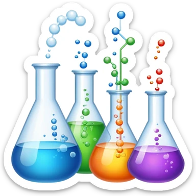 An icon featuring laboratory flasks with tubes, symbolizing chemistry. The design includes liquid and powder substances, a chemical reaction with bubbles, and molecular formulas, representing chemical processes like hydrolysis. Transparent background sticker