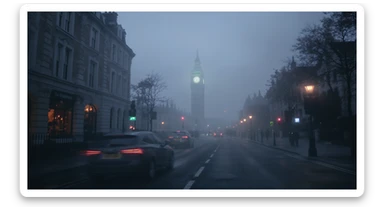 Cinematic shot of a london street, cloudy foggy day, soft light, car flying, leading lines to big ben in distance, multi composition, in foreground blurred car, on second street around UK bulding, od another plan in distance big ben, birds flying, artistic look, captured on arri alexa 35, blue hour sticker