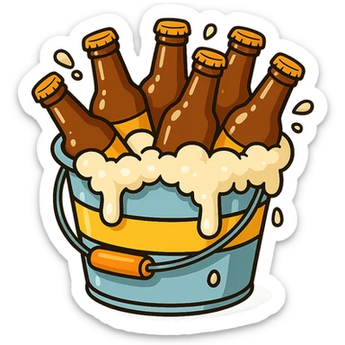 a cartoon-style bucket overflowing with beer bottles, bright and cheerful sticker