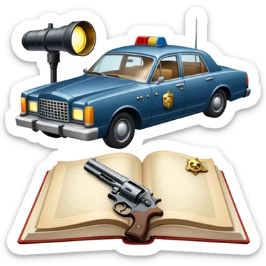 Icon for Action & Crime Reading: an open book with dramatic crime scenes—bullet holes on pages, a detective badge, a revolver and a getaway car. Surrounding elements include a flickering streetlight. Transparent background. sticker