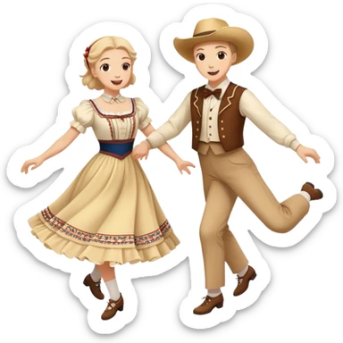 Cinematic Realistic scene of two square dancers in traditional American folk costumes, captured in joyful, coordinated motion with vibrant, rustic lighting that highlights their cultural heritage sticker