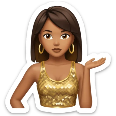 LeToya Luckett with long dark brown hair, gold sequin crop top  sticker