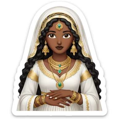 The Palestinian woman, she had long curly black hair and well defined eyebrows wears a white traditional dress. Her accessories steal the spotlight—intricately designed gold bangles, statement rings, and layered necklaces—each piece exuding heritage and craftsmanship.  sticker