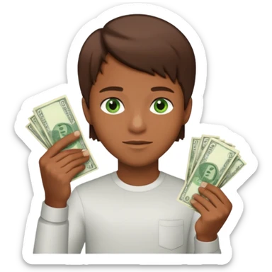 green eyes. handsome. young man. brown skin. brown hair. straight hair. short hair. white race. Holding money with his left hand sticker
