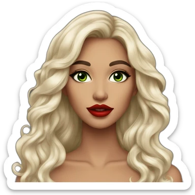 beautiful woman, green eyes, black long wavy hair, tawny skin, big lips, red lipstick, great makeup sticker