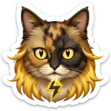 long hair tortoiseshell cat with a black face, white neck and yellow lightning mark above left eye sticker