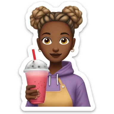 girl with her hair in a bun, wearing a red sweatshirt and holding bubble tea sticker