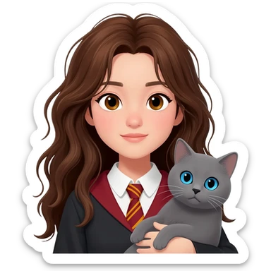 asian ravenclaw girl student with long brown messy hair and brown eyes, holding a gray cat with blue eyes sticker
