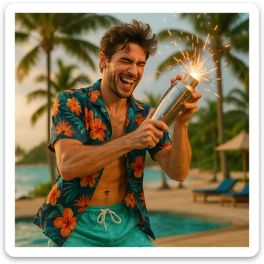 human male Unbuttoned Hawaiian shirt, swim trunks, shaking a cocktail shaker (sparks flying) sticker