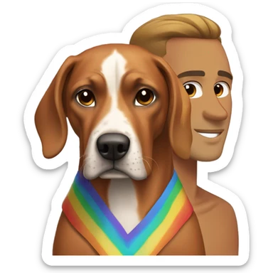 white male with long rainbow colored hair standing alongside a brown rhodesian ridgeback sticker