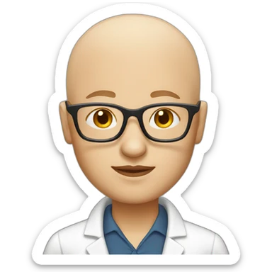 Bald science teacher with glasses and a white blouse sticker