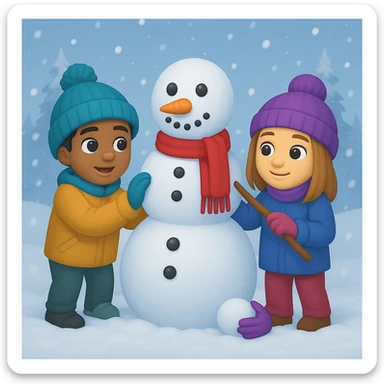 Show two different kids (different hair and clothing colors) building a snowman in a snowy background, keep the emoji style sticker