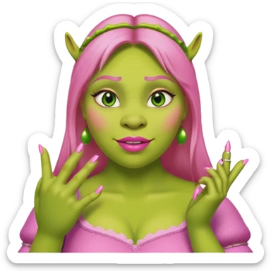 Shrek with pink skin and pink long nails and pink lipstick sticker