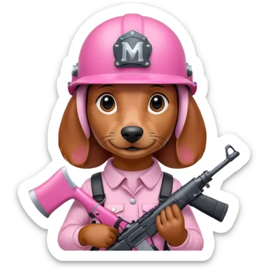 Dachshund dog (Girly one) holding pink m16 and helmet  sticker