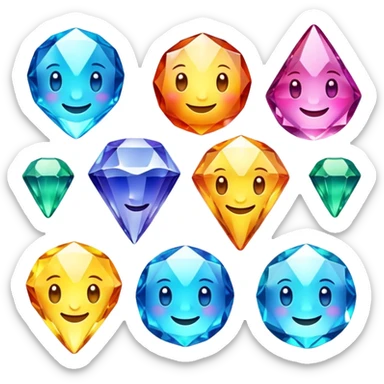 team of sparkling gems, each with smiling face and distinct color, arranged in a friendly group sticker