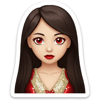 Bloody Mary with light skin, long dark brown hair, red eye, ivory sequin outfit sticker