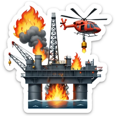 Oil rig in the sea exploding and a helicopter above sticker