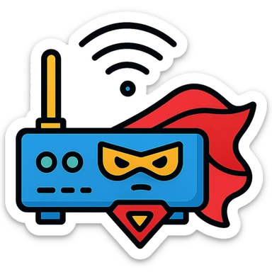 A heroic router representing the reliability and strength of internet connectivity sticker