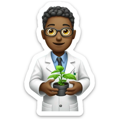 cyborg scientist wearing a lab coat and holding a small plant sticker