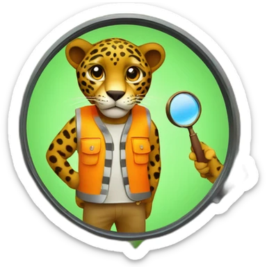 a jaguar in a high visibility orange vest viewed from behind, inspecting a brown tree with a magnifying glass sticker