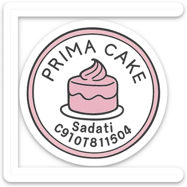 A circular logo for Prima Cake bakery with a pink cake at the center, featuring the text Prima Cake in English and the contact info Sadati 09107811504 below it. The logo should have a pink circular border and a white background, designed to be printable for cake decoration. The style should be elegant and suitable for a bakery sticker