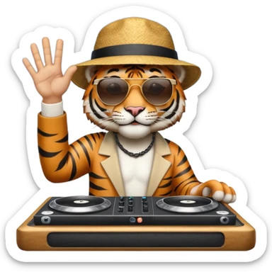 Un tigre con sombrero estilo cubano, una mesa de dj y gafas de sol. Una mano en la mesa de dj y la otra mano señalando al cielo a Dios. La otra mano encima de la mesa de dj por favor  sticker