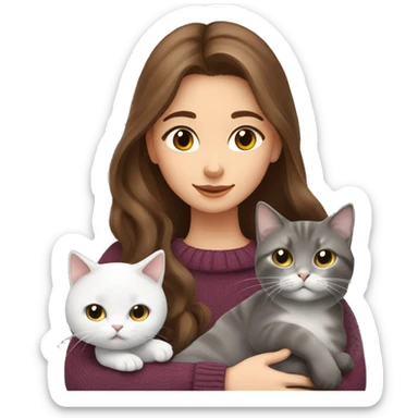 Girl with long brown hair in sweater hugging a british grey and white fold cat sticker