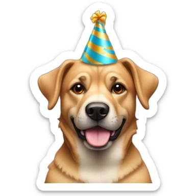 Tan and black super mutt dog wearing birthday hat sticker