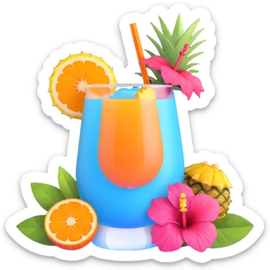 vibrant tropical fruity blue cocktail with hibiscus, pineapple and orange garnishes sticker