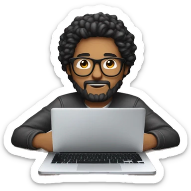 Designer with black hair, beard and glasses working with MacBook and drinking cappuccino ketchup bottle sticker
