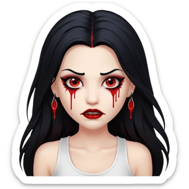 White woman with a white tank top long black hair glossy middle part long hair vamp look with fangs or blood dripping brown eyes eyeliner winged with lashes top and bottom sticker