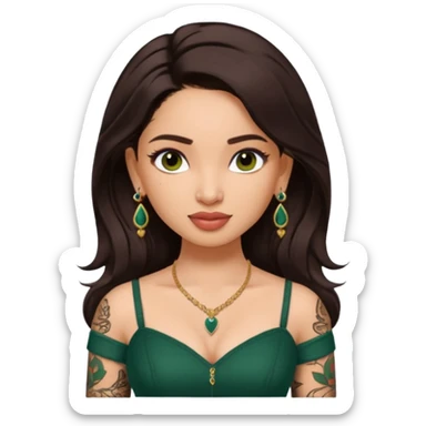 pretty bratz genmoji that looks like tamannah bhatia (bollywood actress), wearing a dark green sweetheart neckline top, dark brown hair, light makeup, no necklace, dangly earrings, side hair part, dark brown eyes, with full tattoos and neck tattoo sticker