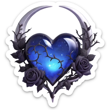 gothic heart, midnight blue glass, silver crescent moon, black roses, stardust, lightning, rain, cracked glass, dramatic style sticker
