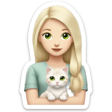 A girl with light blond hair and green eyes is holding a white Scottish Fold cat with green eyes, a pink nose, and folded ears. sticker