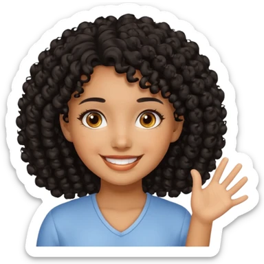 Uma menina de cabelo cacheados preto morena com os olhos puxados olhos castanhos dando bom dia sticker