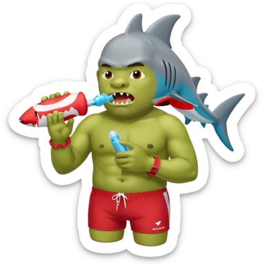 orc male in shark floatie, blowing whistle. Red swim trunks sticker