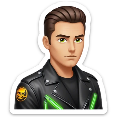 A lone biker with slicked-back hair, wearing a leather jacket, his face partially lit by neon lights sticker