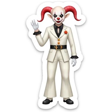 full-body demonic clown in a white leisure suit with bellbottom pants, bald, with black ram horns, flashy belt, ruffled shirt, no neck tie sticker