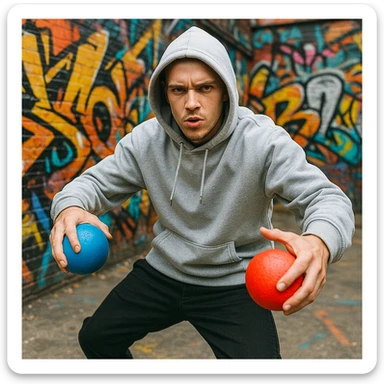 A white rapper in a hoodie, blue ball in left hand, red ball in right hand, energetic stance sticker
