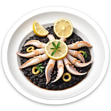 cinematic-realistic-black-risotto-dish,-showcasing-lagre squid pieces-rendered-with-bold-textures-and-dynamic,-dramatic-lighting in a white plate with a single slice of grilled lemon on top sticker